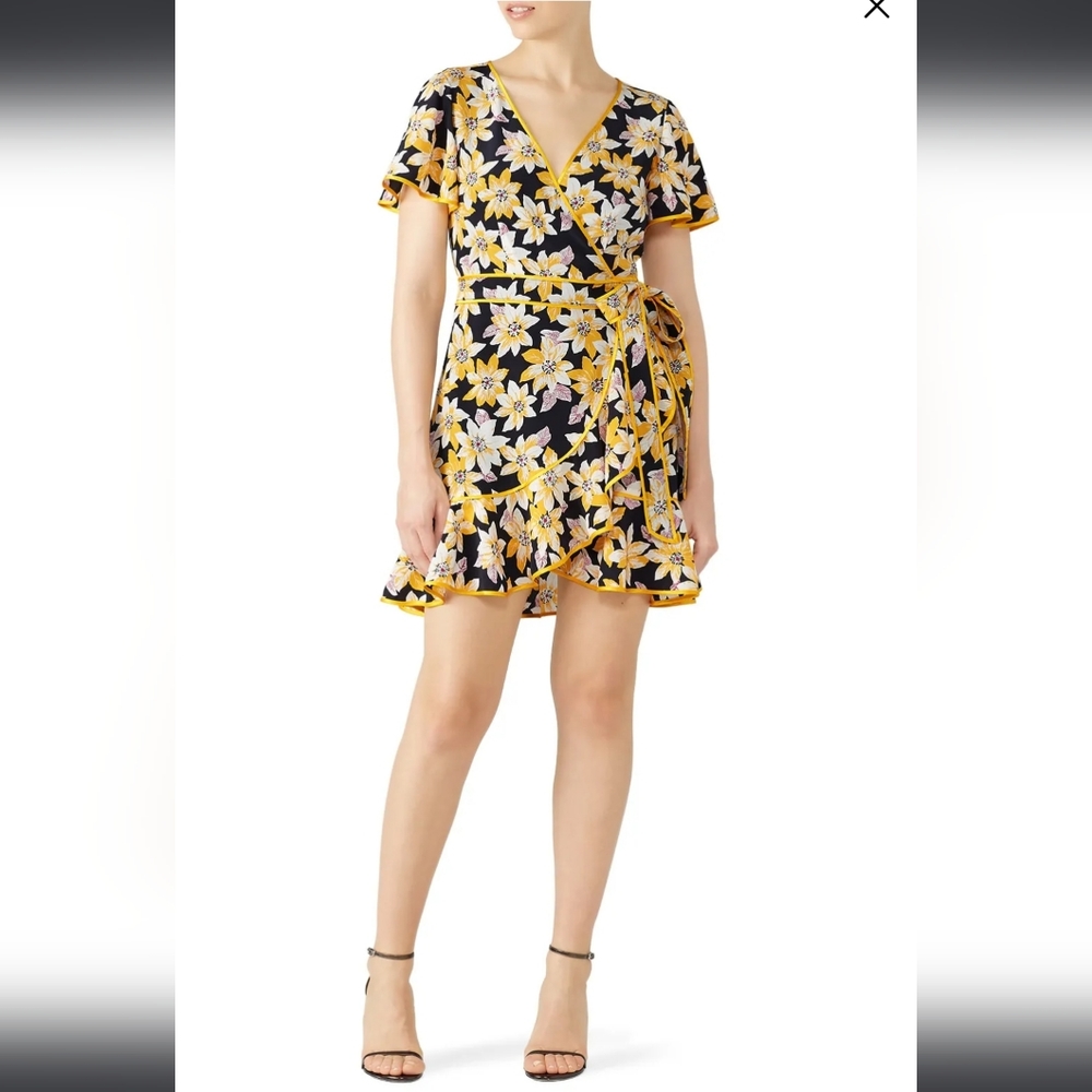 Cinq a Sept Yellow Floral Cameron Wrap Mini Dress V-Neck Women's Size 12